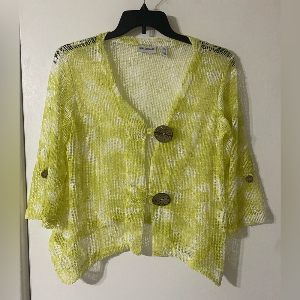 NINA LEONARD Coconut Button Knit Bolero Jacket Medium Crochet Beach Summer